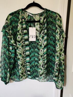 Zara Green Multi-Pattern Sheer Blouse Long Sleeve Sz M NWT